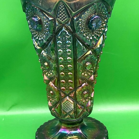 Vintage 1950s Imperial Carnival Glass Daisy Button Green Flared Vase Crimped Rim - Picture 2 of 16